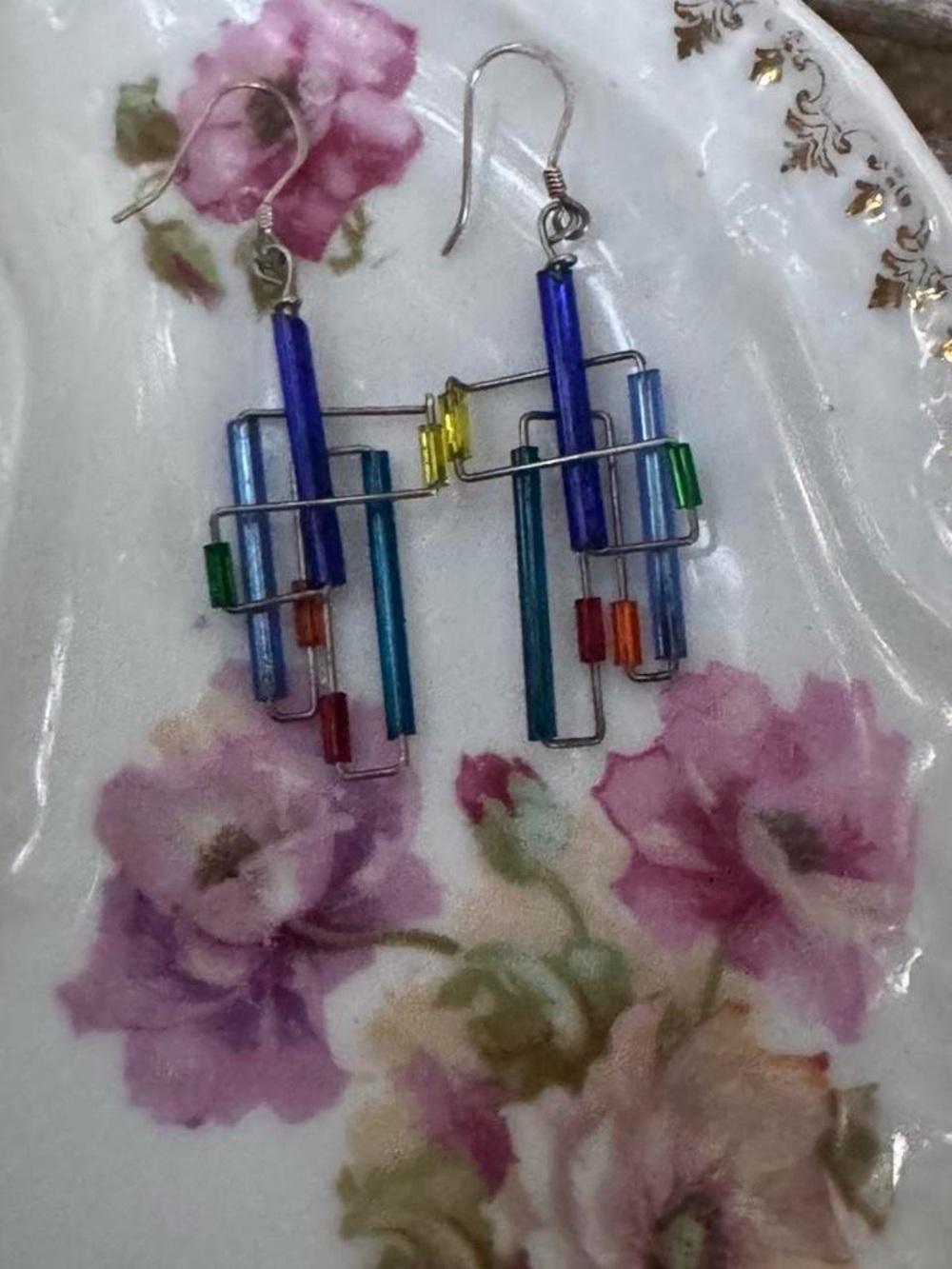 Handmade sterling geometric Multicolor Glass Tube Drop Earrings - Blue & Rainbow